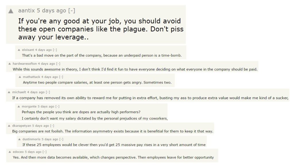 Comments about transparent salaries from Hacker News